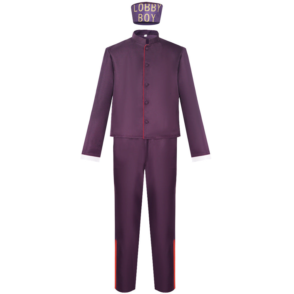 What's included: purple stand-collar bellhop jacket, red-striped trousers and printed Lobby Boy cap on a white background