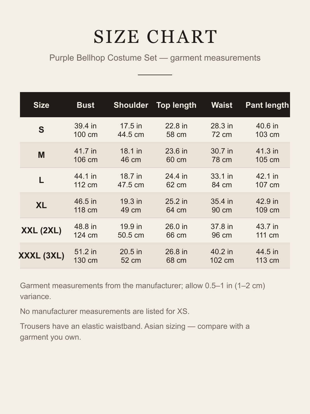 Size chart for the purple bellhop costume: bust, shoulder, top length, waist and pant length for S to XXXL in inches and centimeters
