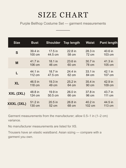 Size chart for the purple bellhop costume: bust, shoulder, top length, waist and pant length for S to XXXL in inches and centimeters