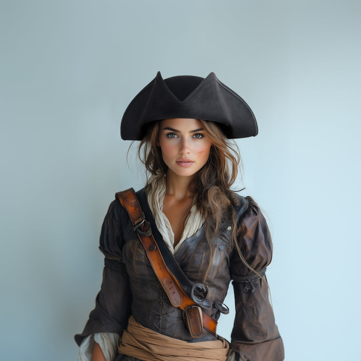 Black tricorne pirate hat with a wide curved brim and structured crown, shown on a woman against a blue background