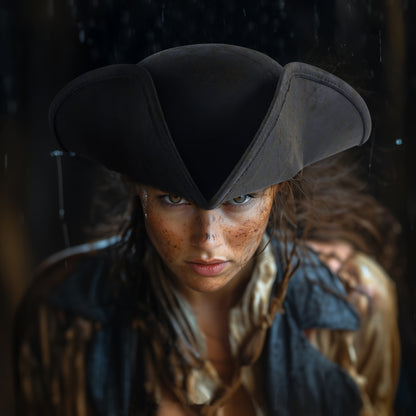 Black tricorne pirate hat with a broad curved brim and pointed crown, shown in close-up on a woman
