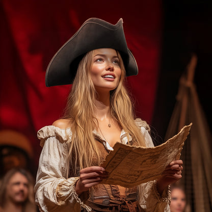 Black tricorne pirate hat with a curved brim and pointed crown, worn by a woman holding a map in a themed scene