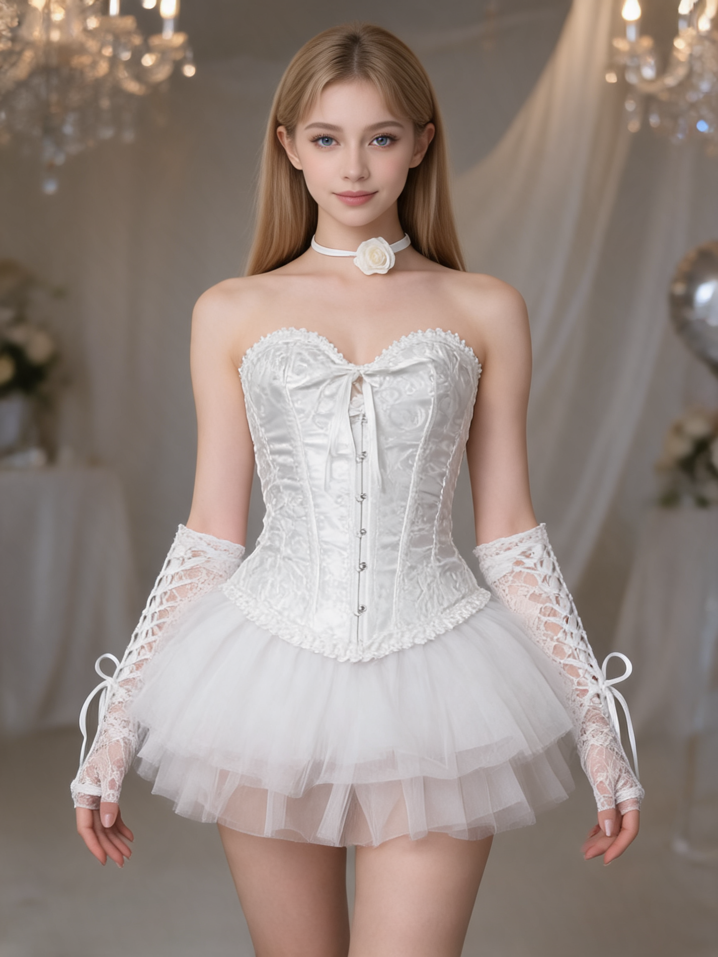 White costume with a full skirt and gloves for a masquerade