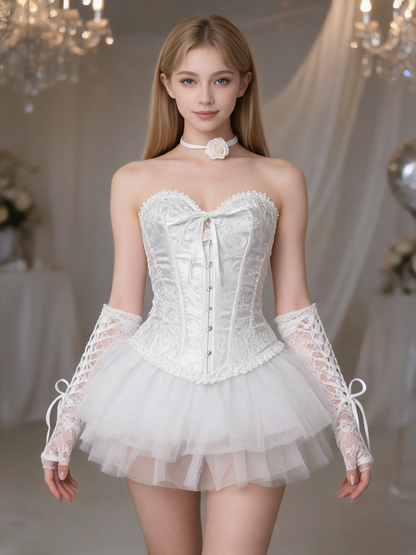 White costume with a full skirt and gloves for a masquerade