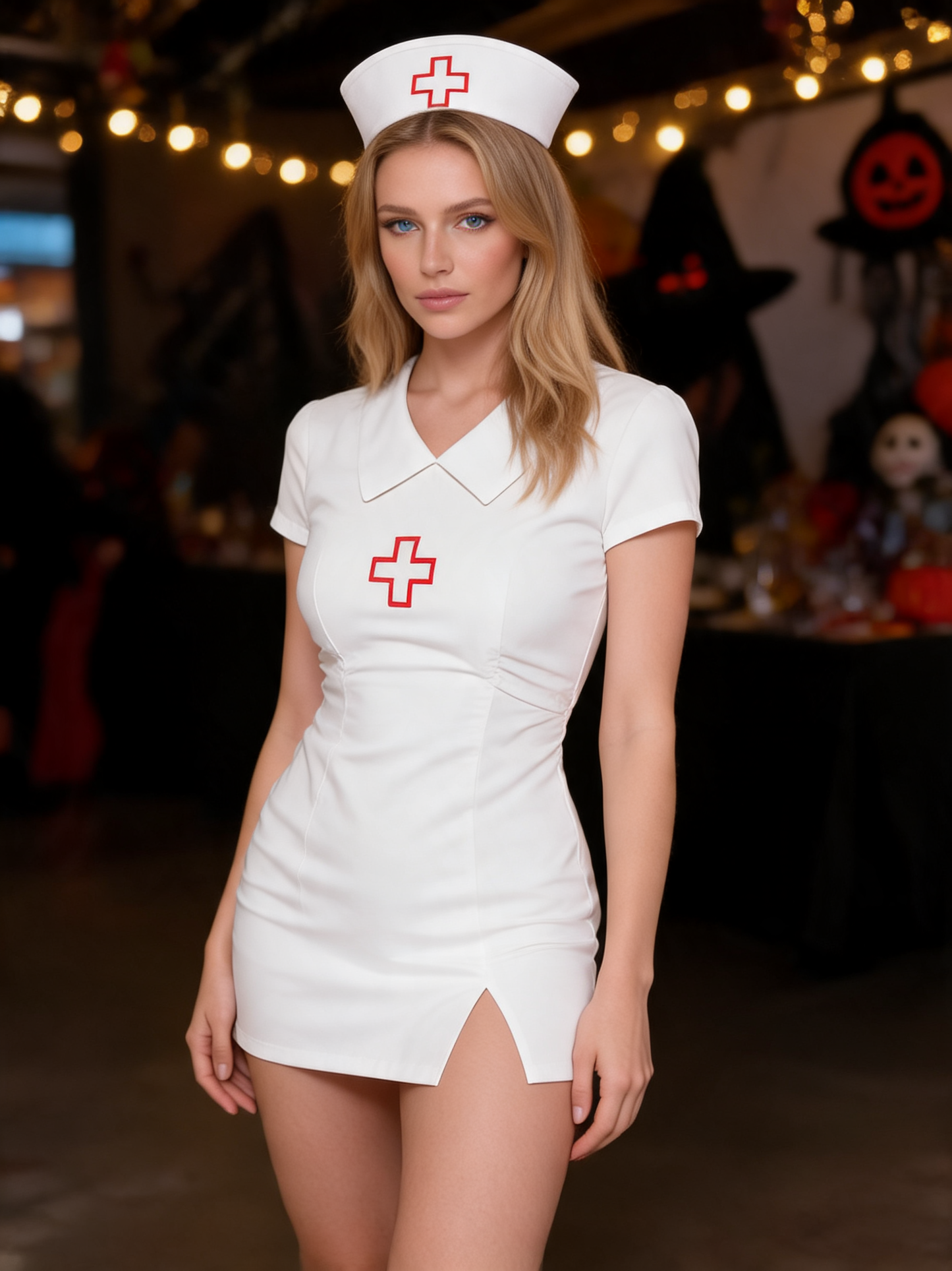 Halloween White Nurse Costume with Cap