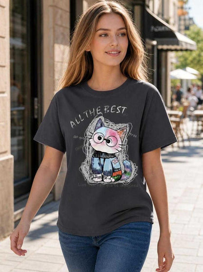 Relaxed-Fit Cat Print T-Shirt, Charcoal Gray, Summer