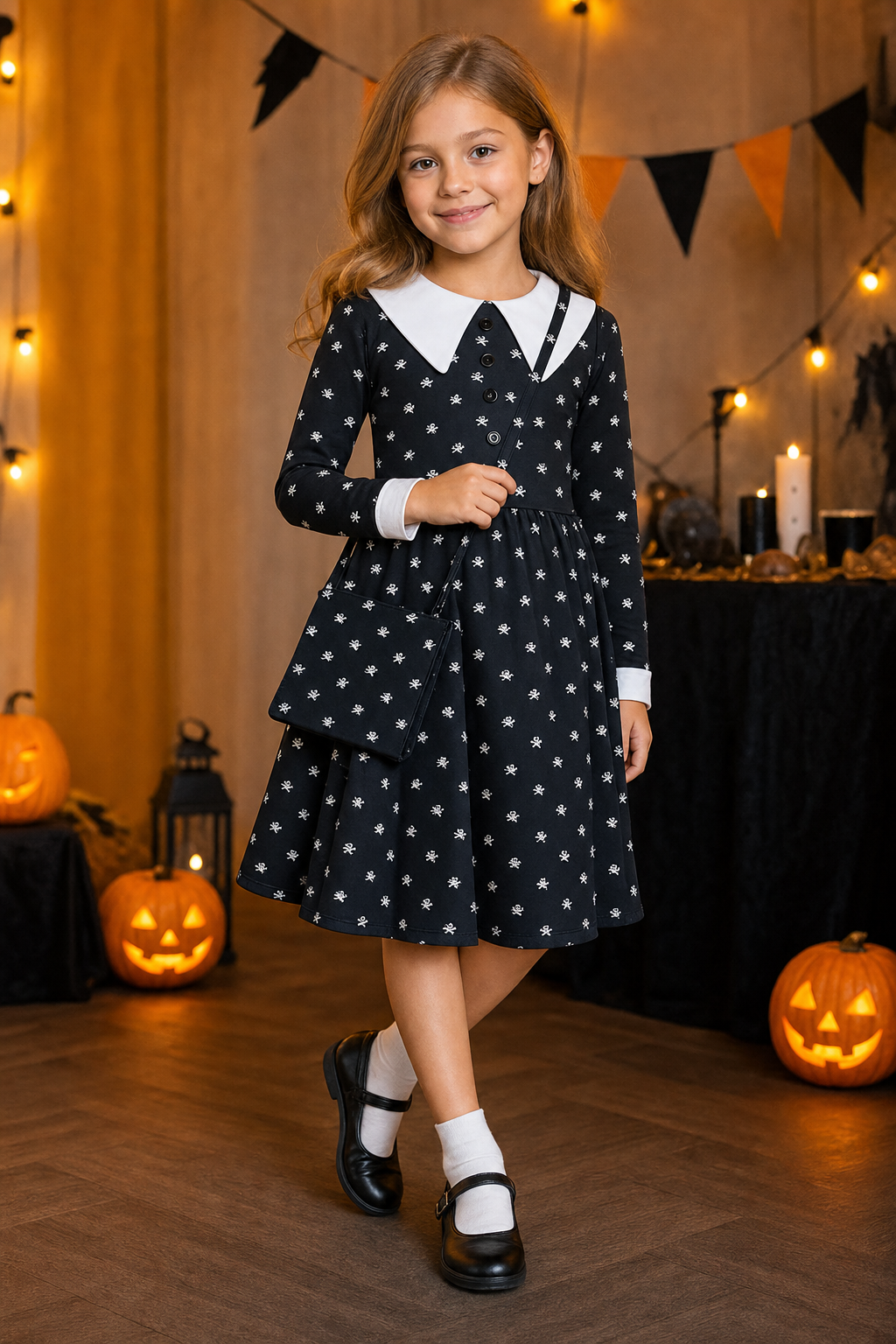 Gothic Carnival Dress with Skulls and Bag