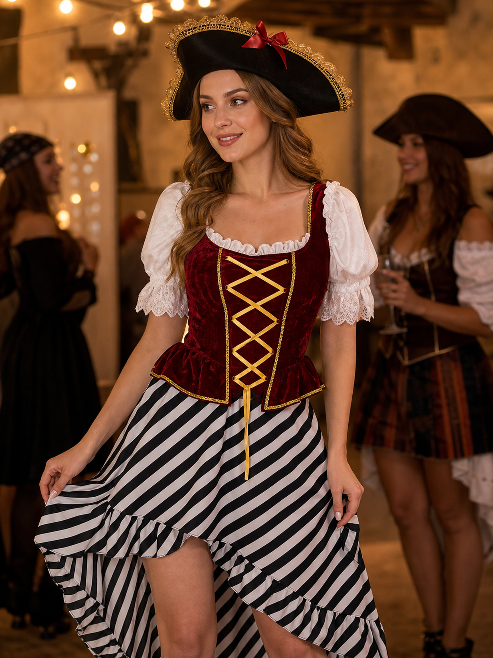 Women's Pirate Costume with Tricorn Hat for a Party