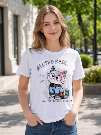 White short-sleeve T-shirt with a party print