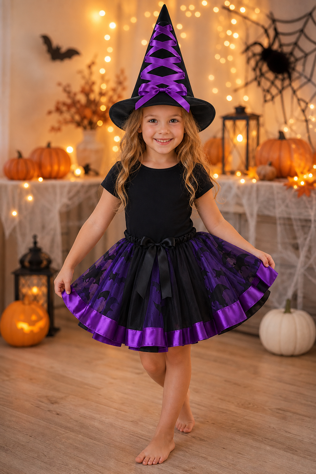 Children’s Witch Halloween Costume with Hat and Full Skirt