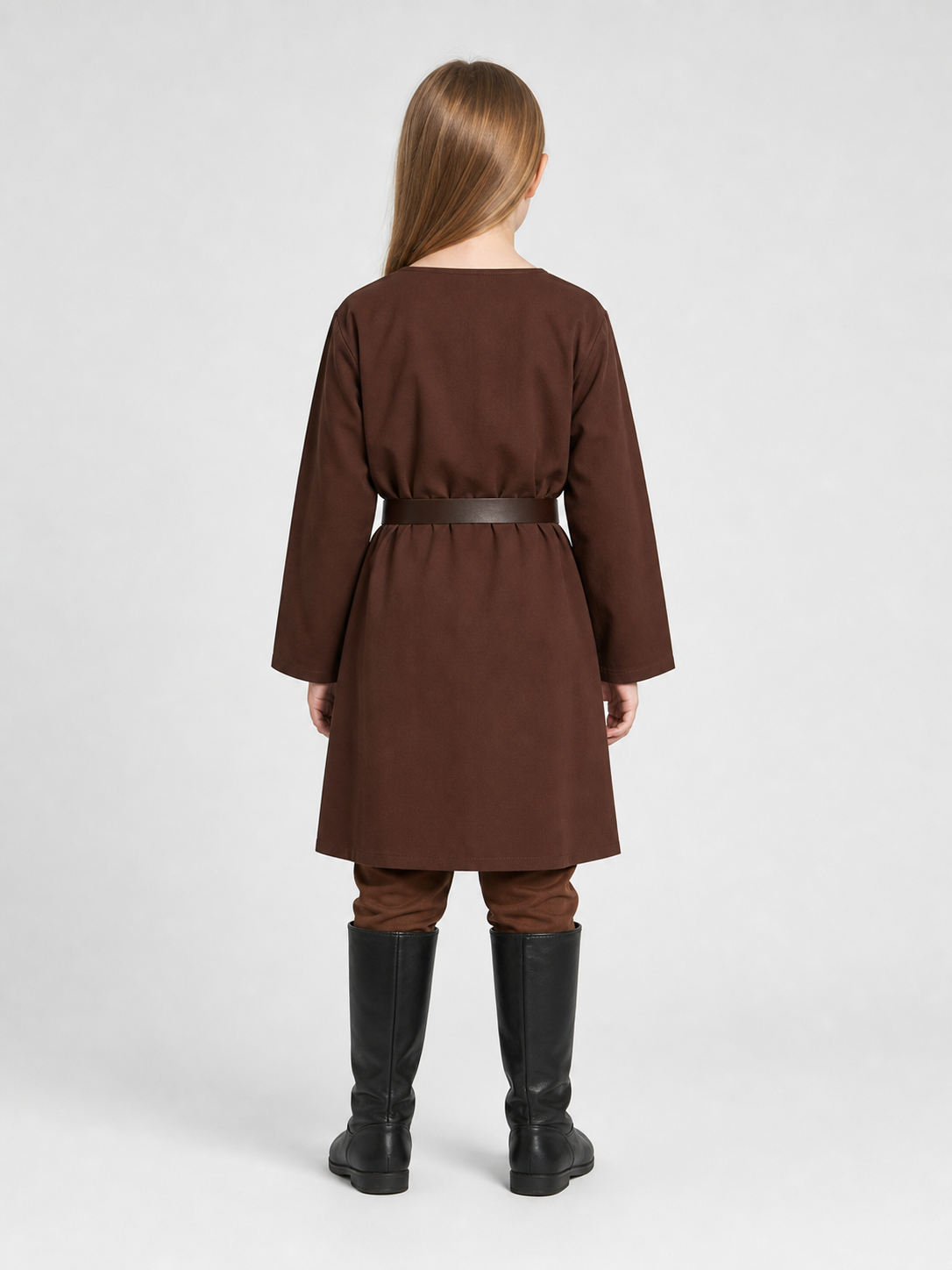 Back view of a child wearing a brown long-sleeve tunic with belt, matching pants, and tall black boots