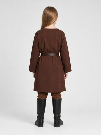 Back view of a child wearing a brown long-sleeve tunic with belt, matching pants, and tall black boots