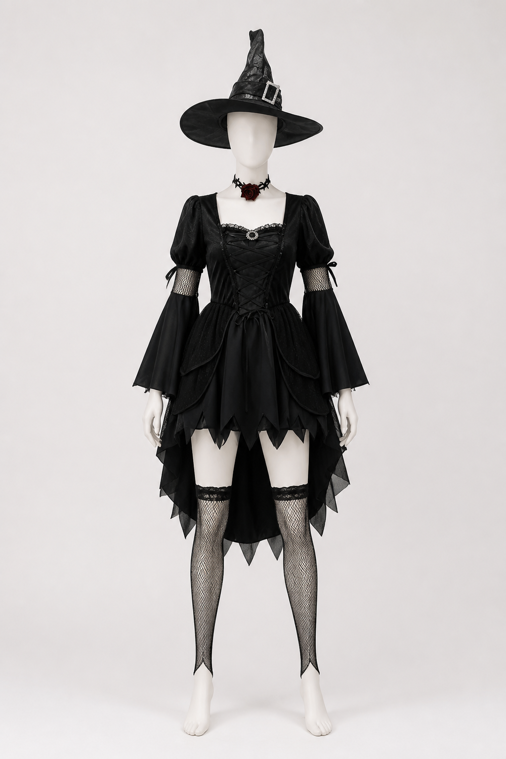 Witch Costume: Dress, Hat, Choker, and Stockings back view
