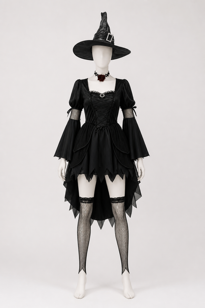 Witch Costume: Dress, Hat, Choker, and Stockings back view
