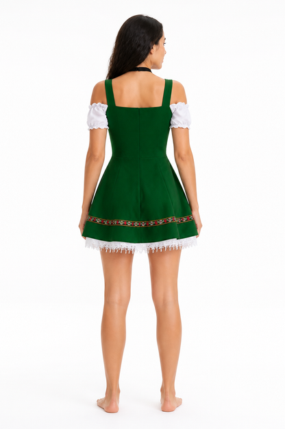 Strappy sundress with a corset-style bodice, apron, and ruffles back view