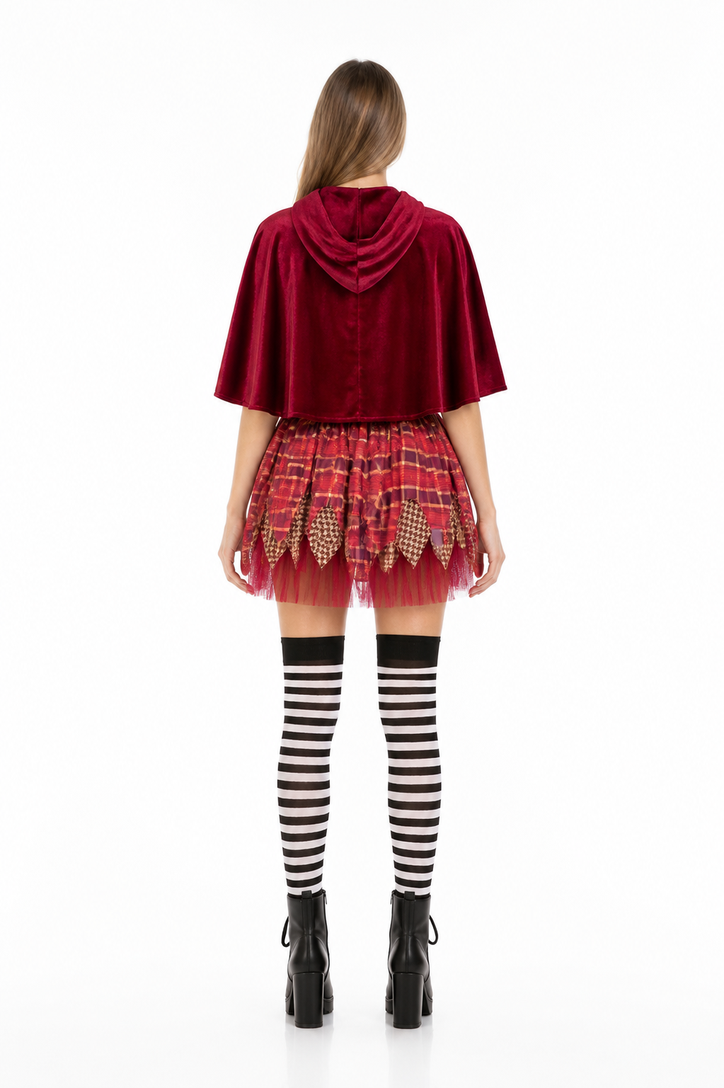 Witch costume with a red skirt and hooded cape back view
