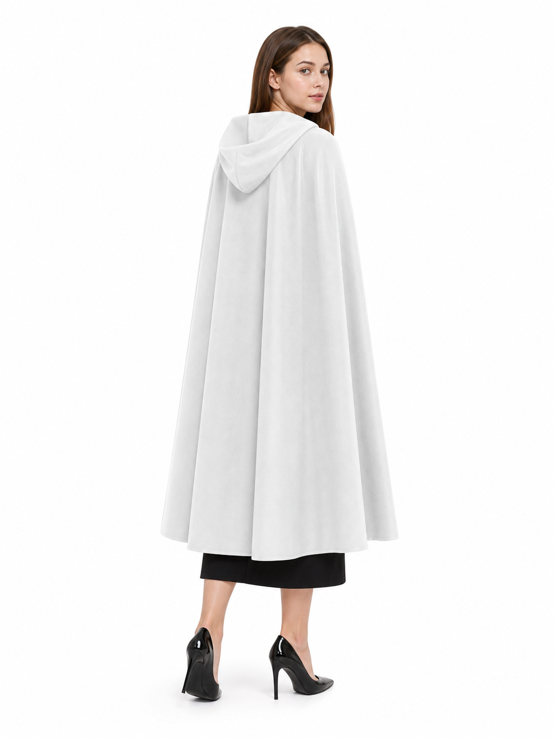 Medieval White Velvet Hooded Long Cloak Cape with Black Bow Tie Front Flared Hem