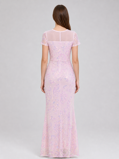 Floor-Length Evening Dress with Sequined Floral Pattern