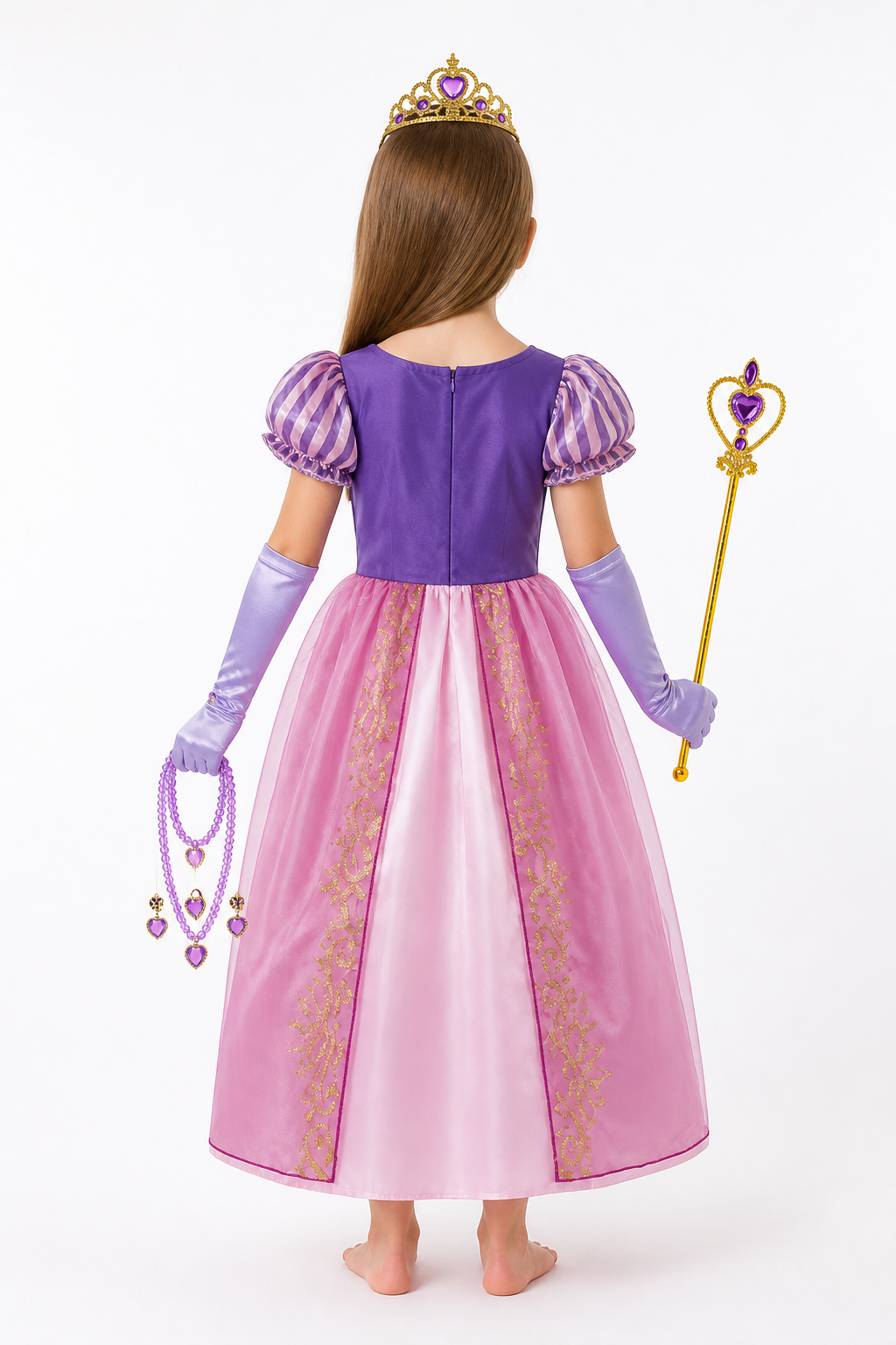 Rapunzel Princess Costume with Crown and Magic Wand back view