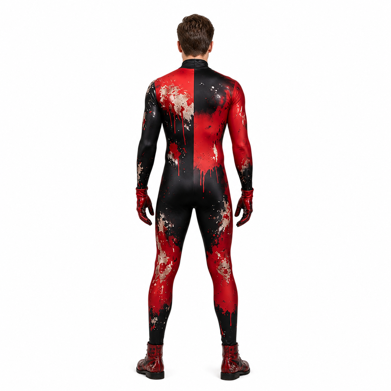 Red and Black Fitted Clown Costume with Blood Stains back view