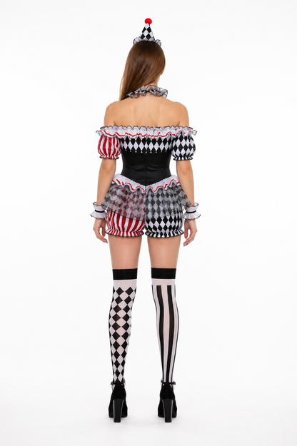 Red, White, and Black Ruffled Clown Costume for Halloween back view