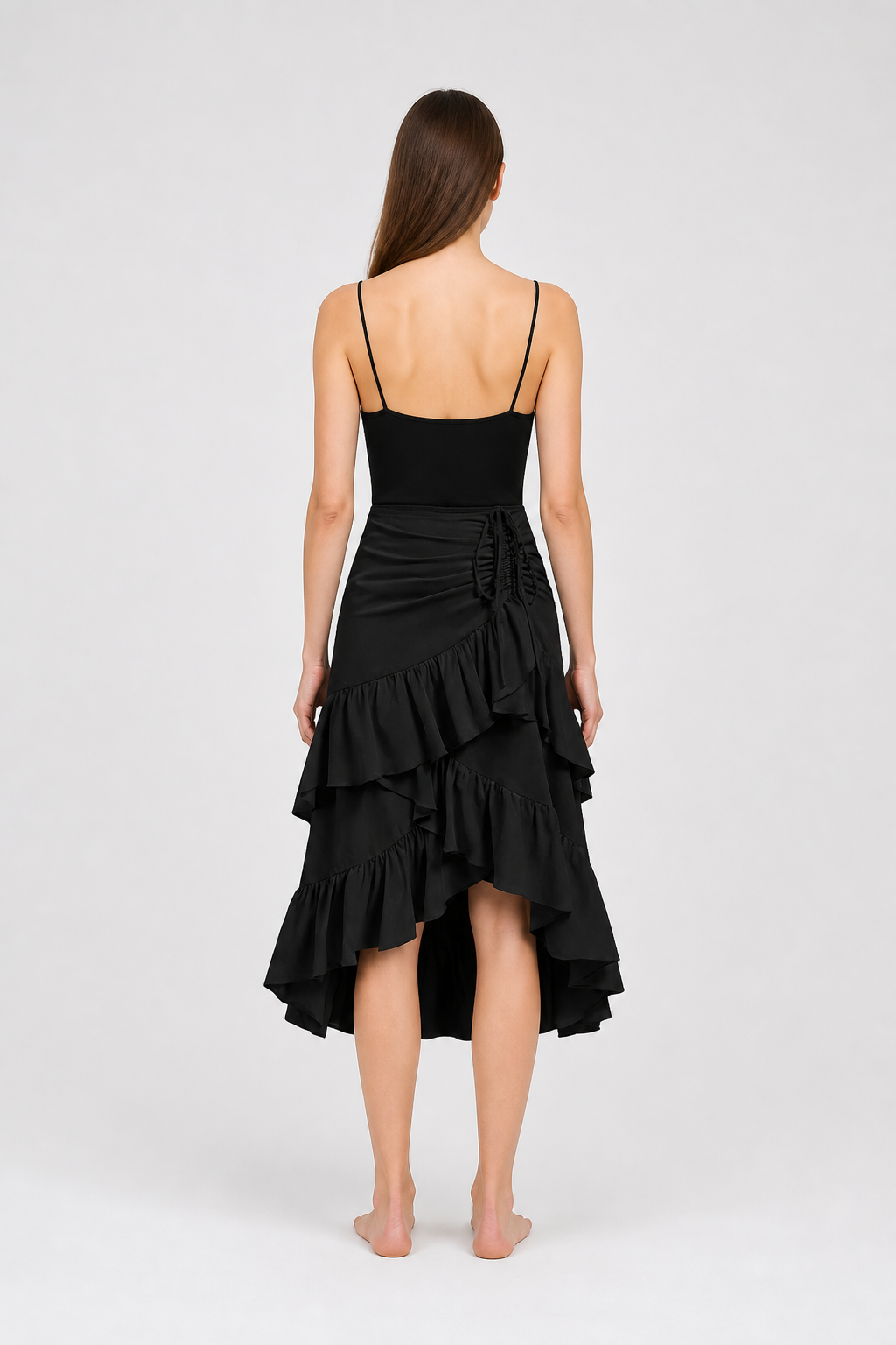 Black Asymmetrical Skirt with Tiered Ruffles back view