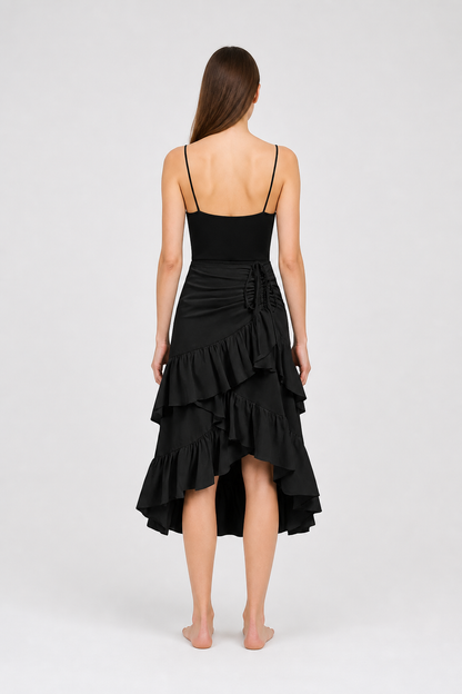 Black Asymmetrical Skirt with Tiered Ruffles back view