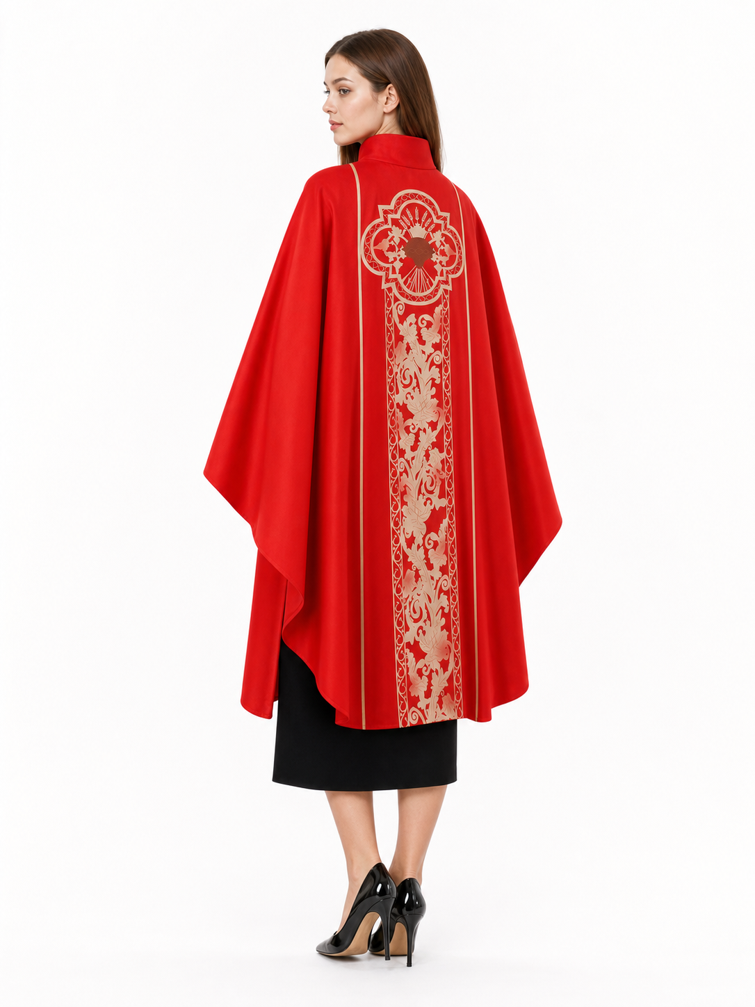 Red costume cloak with ornament and sleeves
