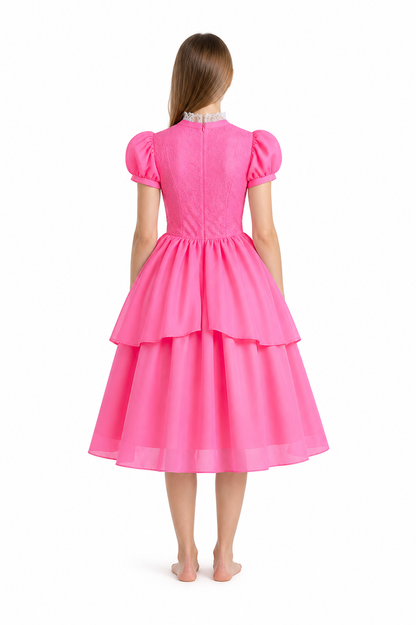 Peach Dress with Layered Skirt, Pink back view