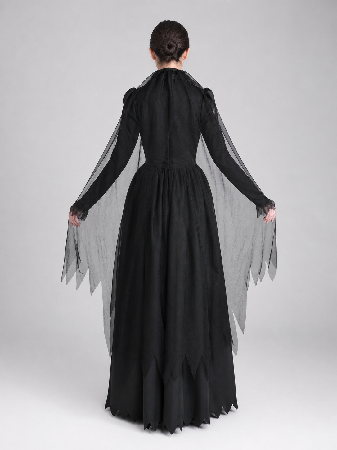 Black Gothic Hooded Dress with Tattered Details back view