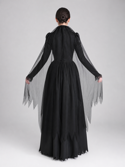 Black Gothic Hooded Dress with Tattered Details back view