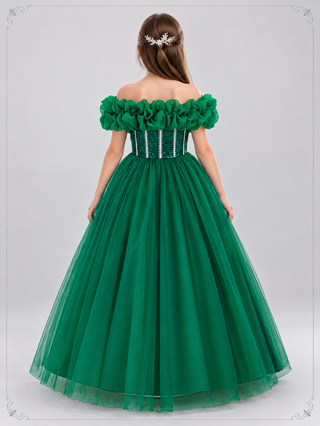 Dark Green Girls' Dressy Dress with Off-the-Shoulder Neckline