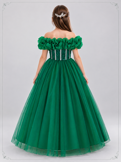 Dark Green Girls' Dressy Dress with Off-the-Shoulder Neckline