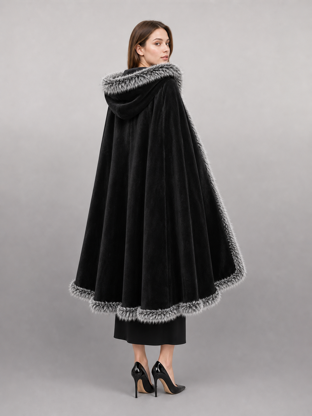 Black carnival cape with hood and shaggy trim