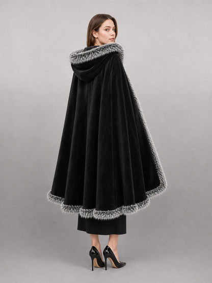 Black carnival cape with hood and shaggy trim