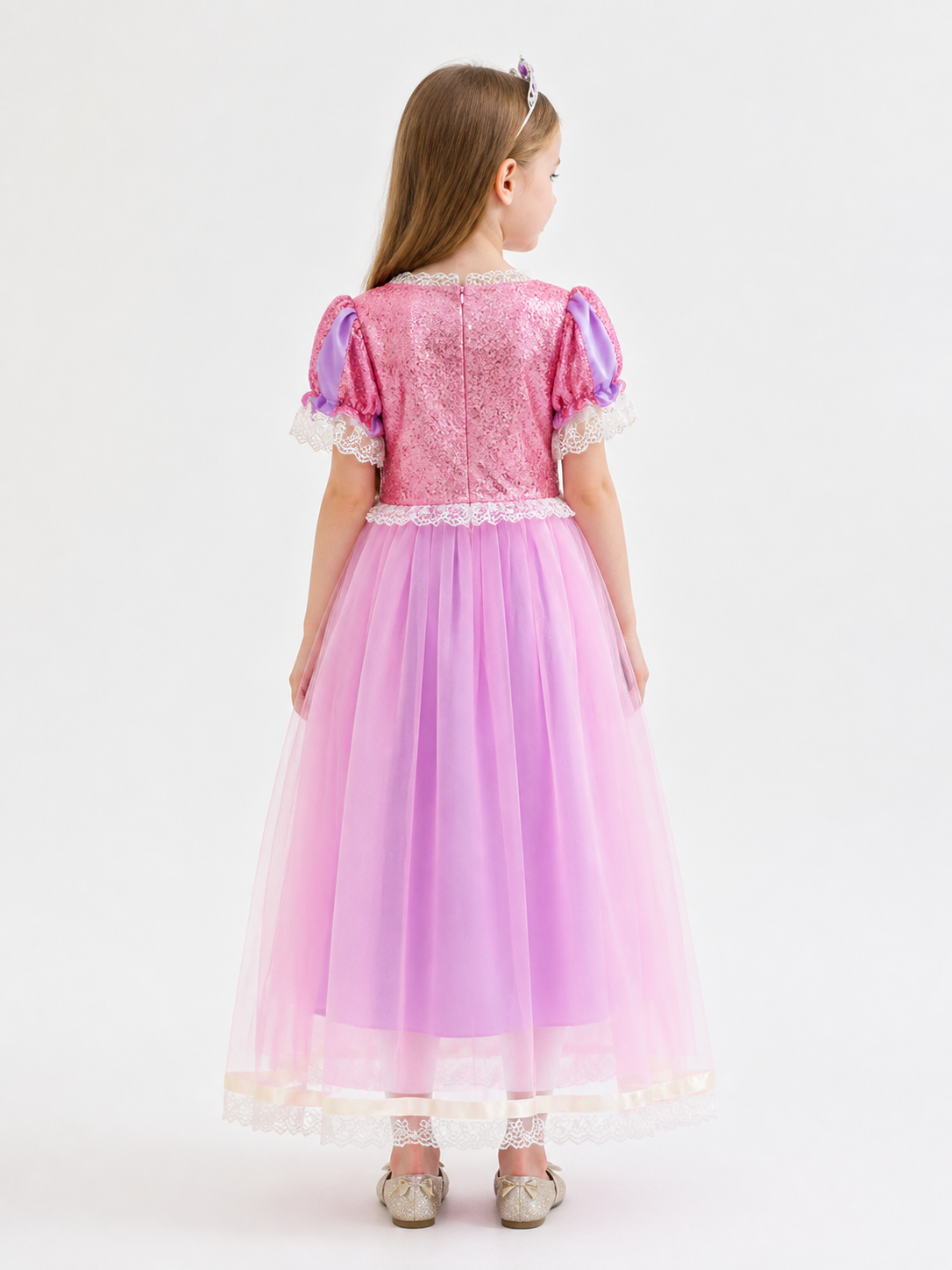 Pink-Lilac Sequin and Lace Maxi Dress