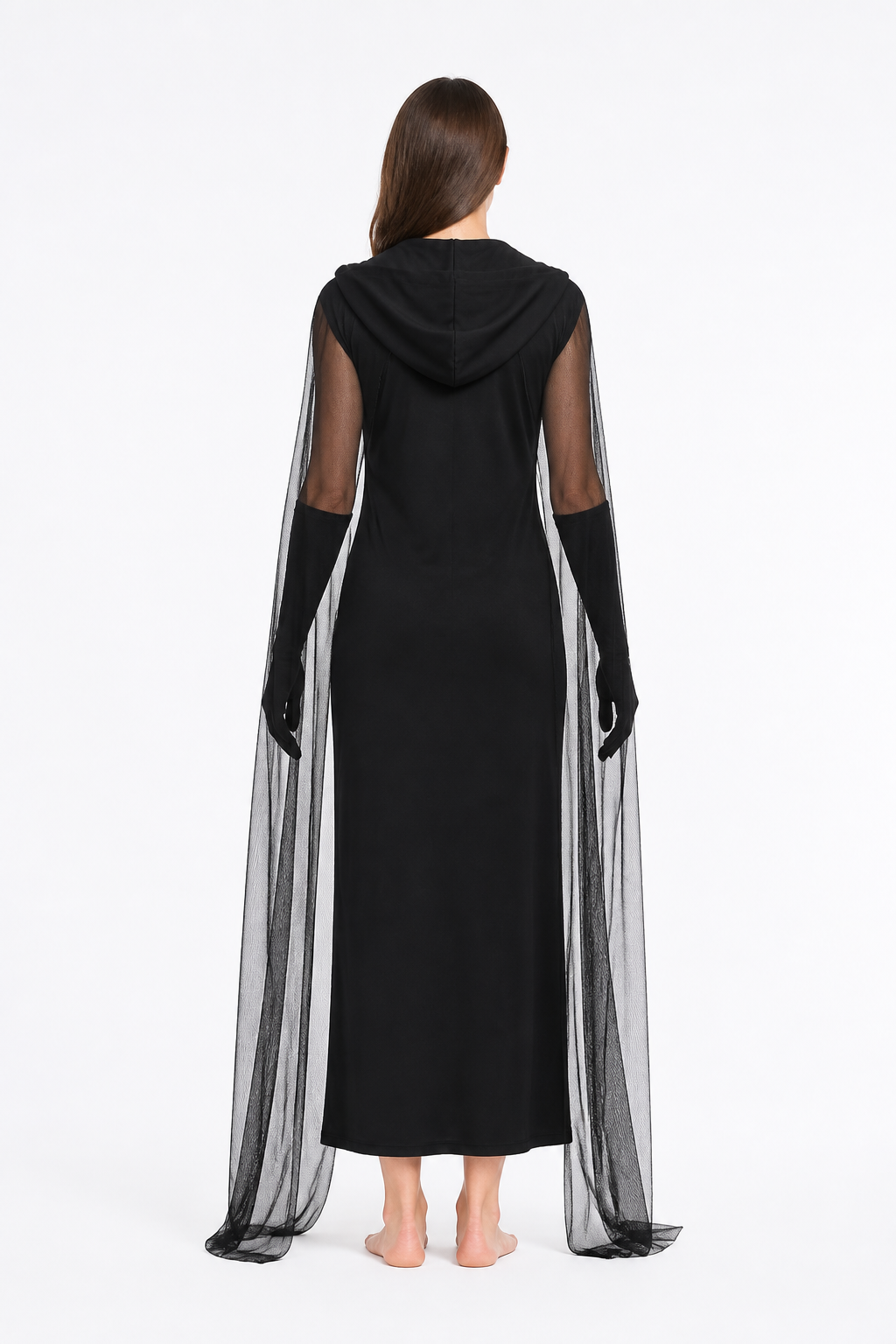 Black Vampire Costume with Cape and Gloves back view