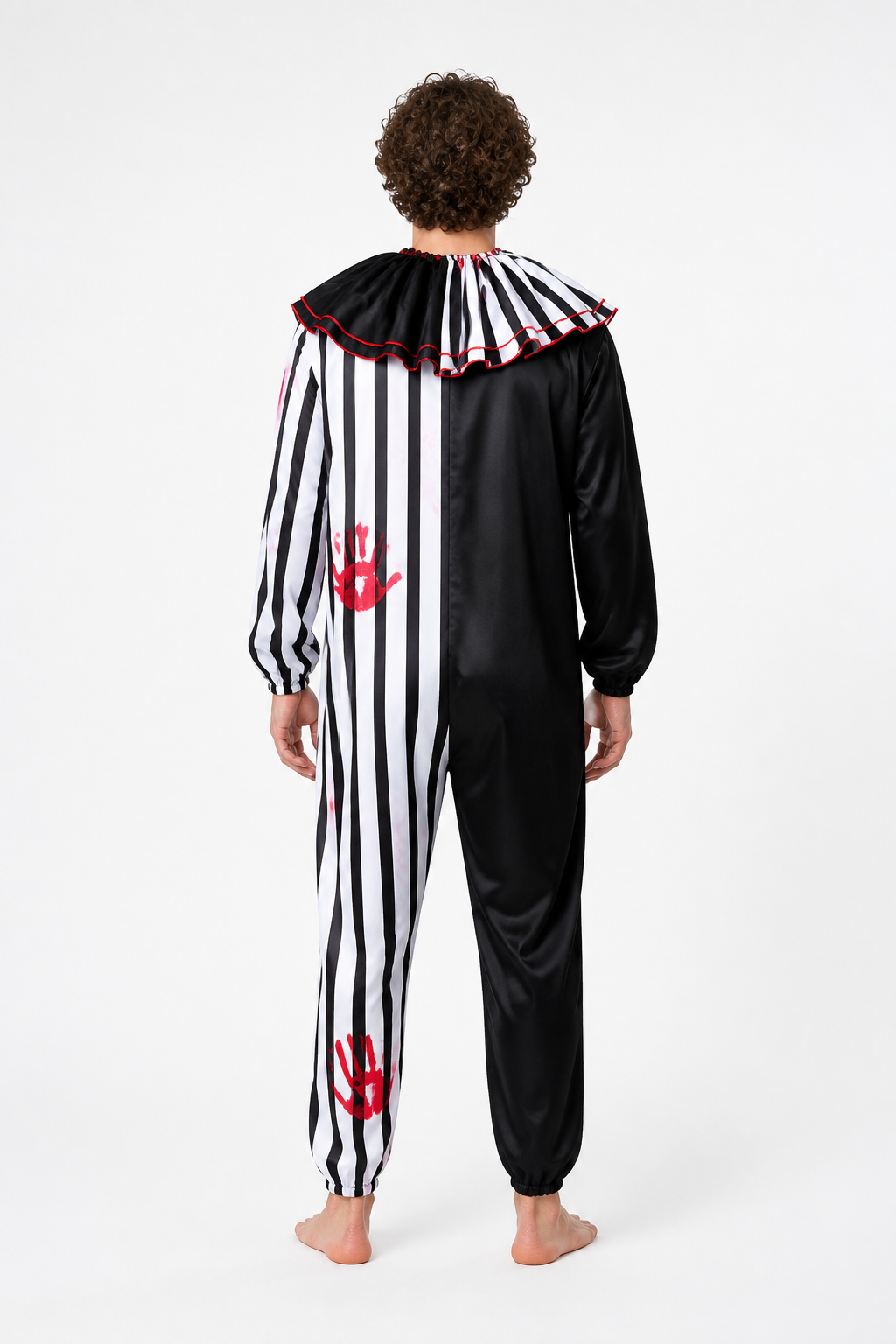 Striped Clown Jumpsuit with Ruffled Collar back view