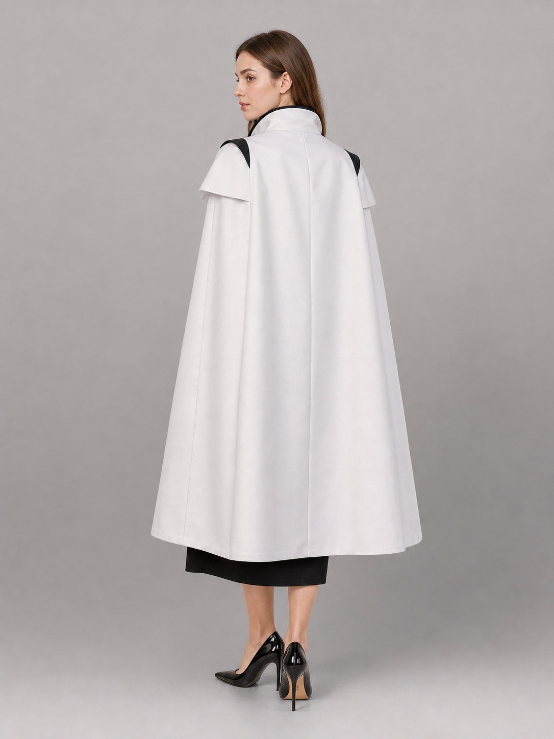 White carnival cape with black lapels