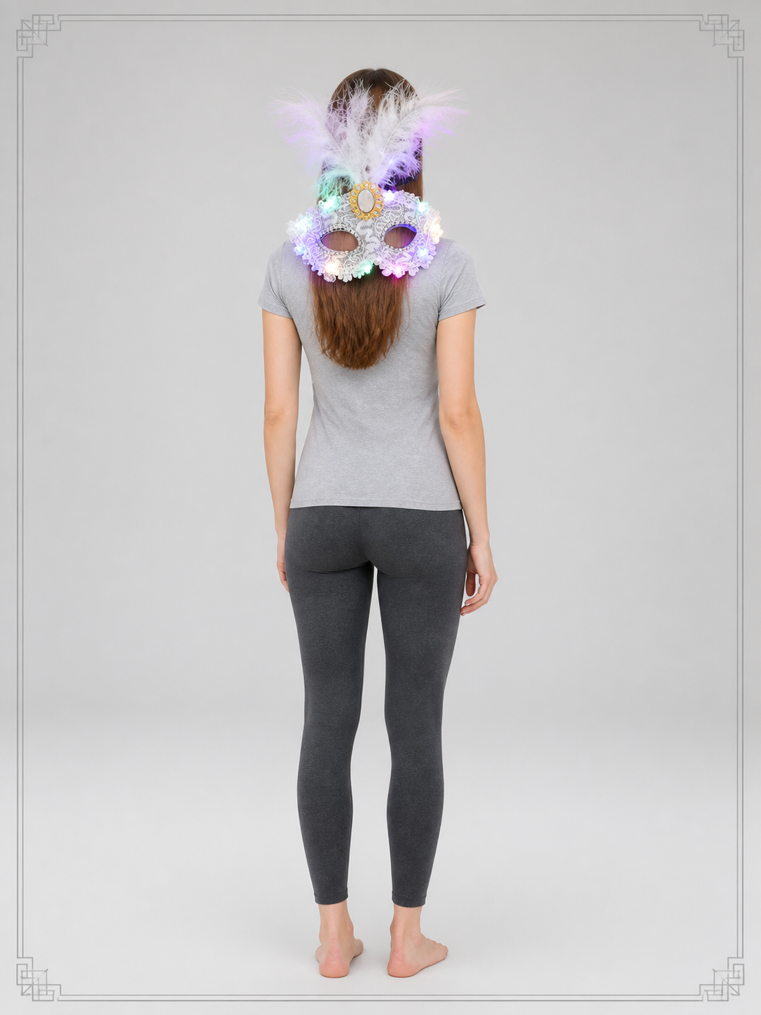 Carnival masquerade half-mask with LED lights and feathers back view