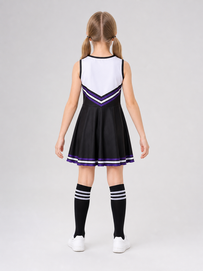 Cheerleading costume with pom-poms, dress, and leg warmers