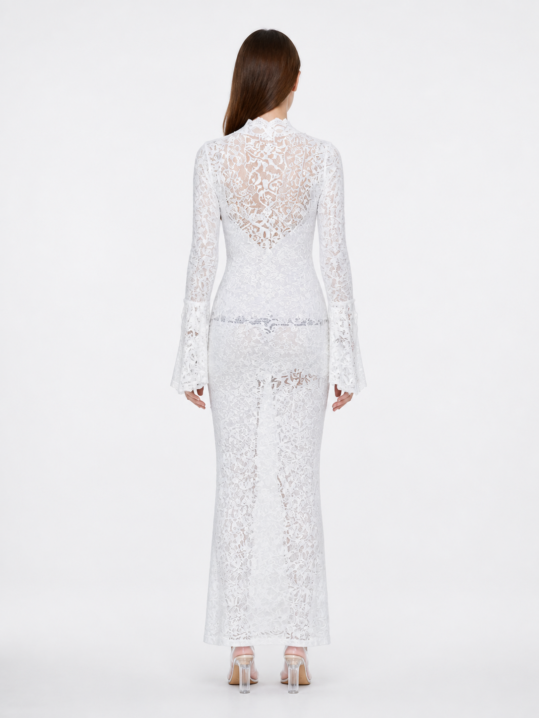 White Long Dress with Lace Pattern and Flared Sleeves back view