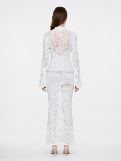 White Long Dress with Lace Pattern and Flared Sleeves back view
