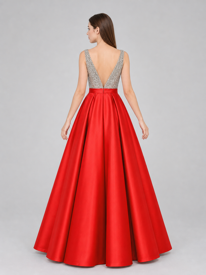 Floor-Length Evening Dress with a Deep V-Neckline