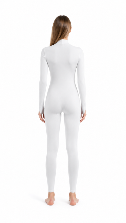 White Zentai jumpsuit with an oval opening for the face back view