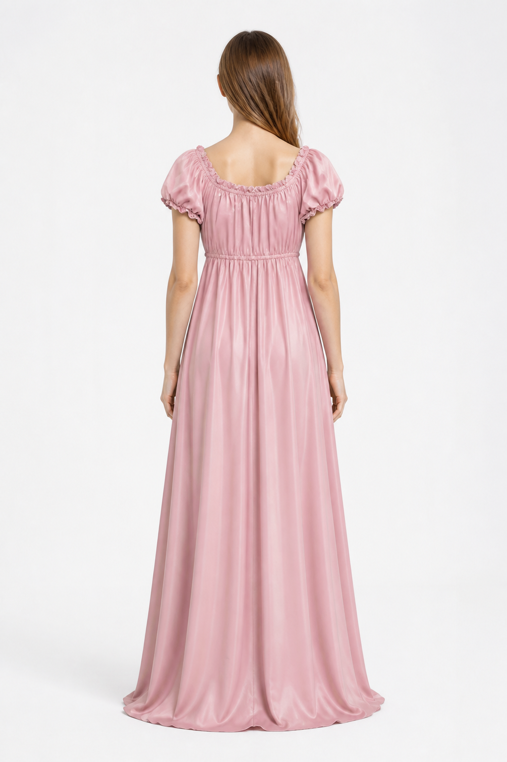 Long fitted dress with puff sleeves and a jabot back view