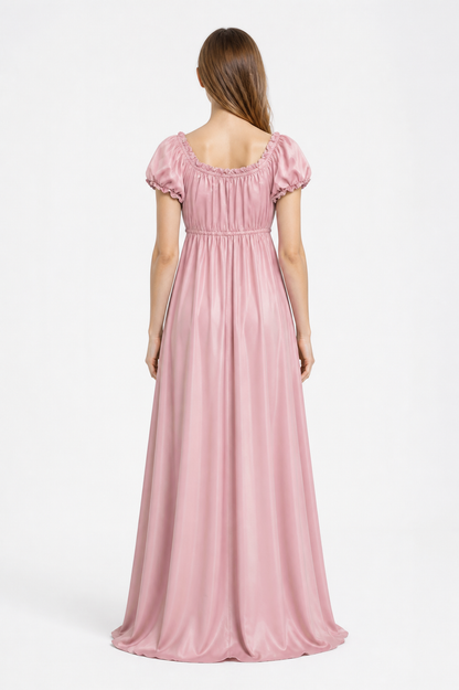 Long fitted dress with puff sleeves and a jabot back view