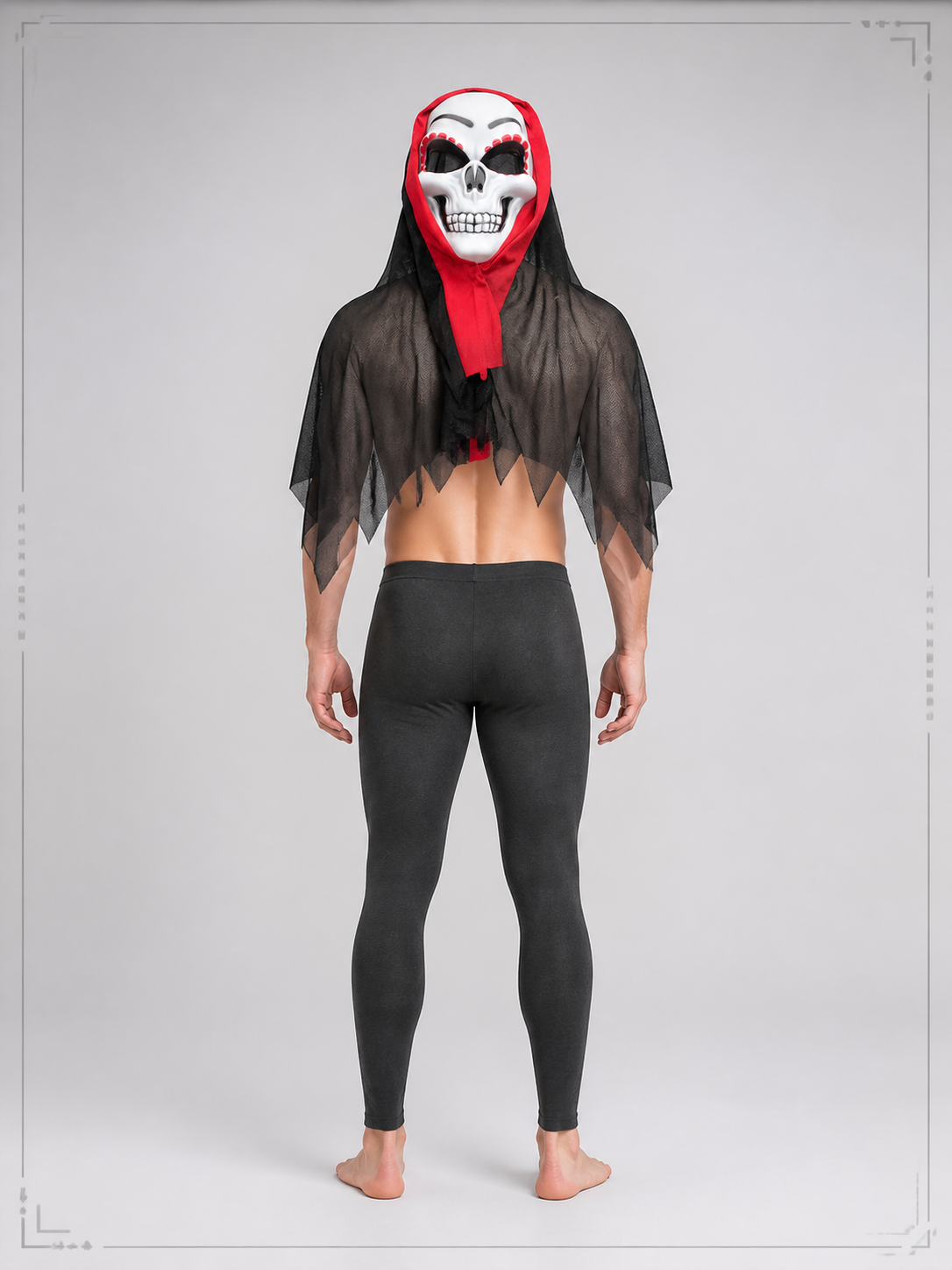 White Skeleton Carnival Mask with Red-and-Black Cape back view