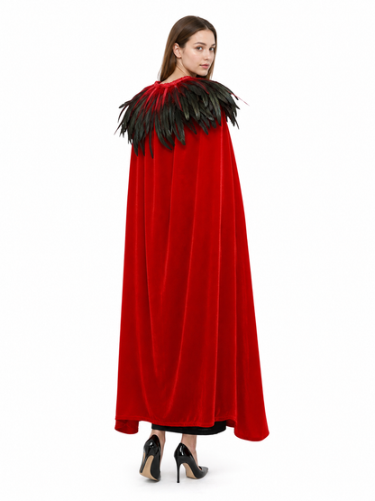 Red Velvet Cape with Feather Trim
