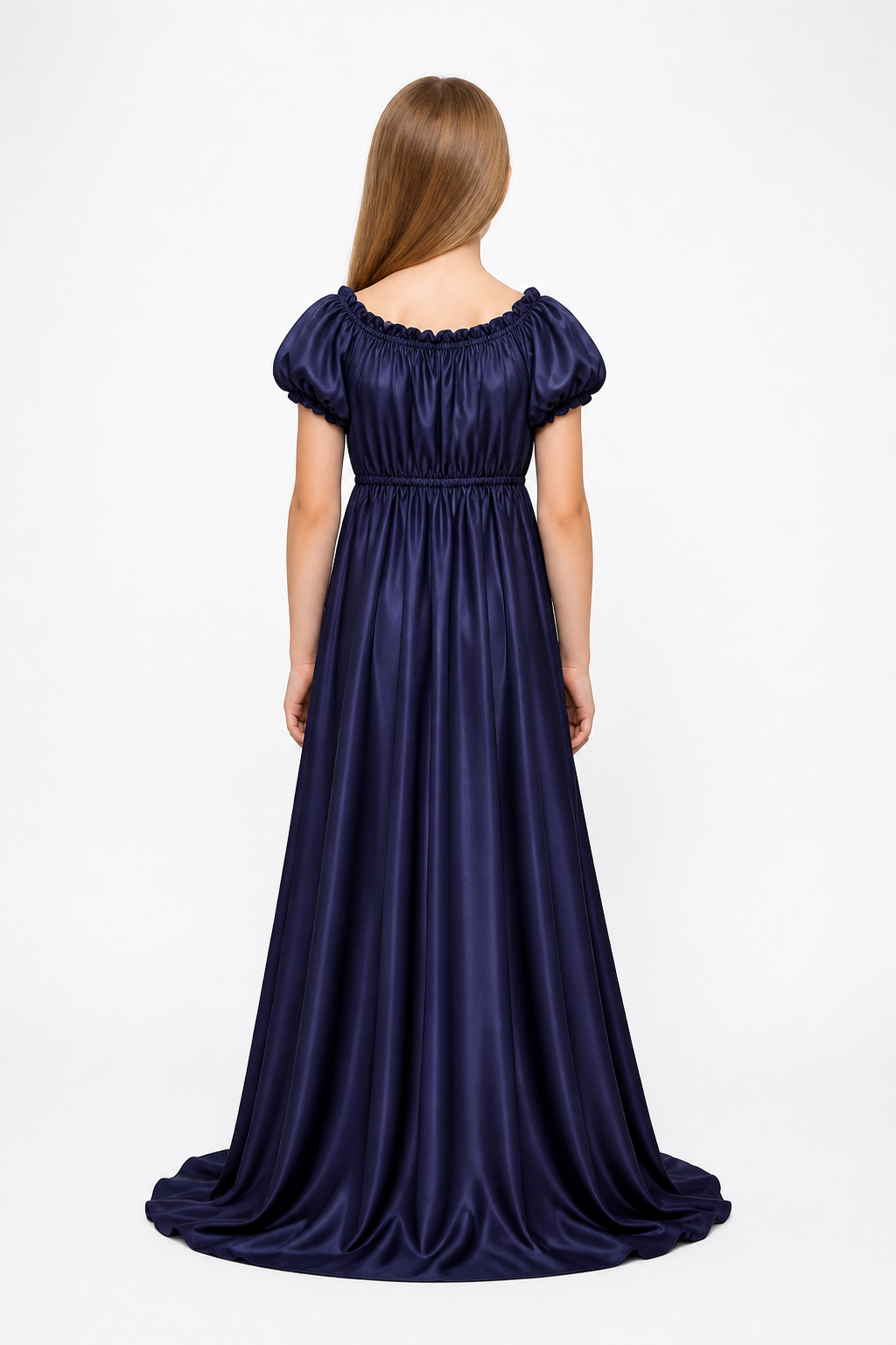 Dark Purple Dress with a Train and Puff Sleeves back view
